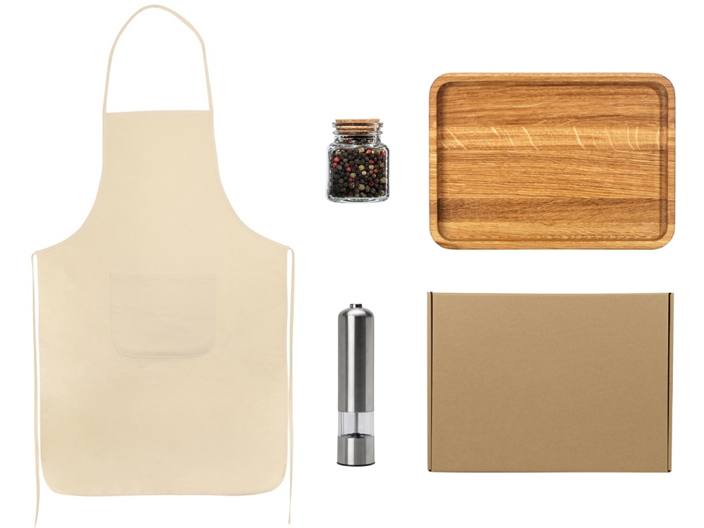 Подарочный набор для кухни с фартуком, подносом, мельницей и специями
